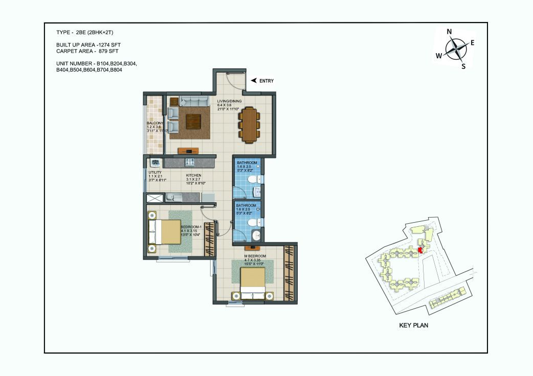 2 BHK Apartments Floor Plan (Unit No B104, B204, B304, B404, B504, B604, B704, B804) - Casagrand ECR 14