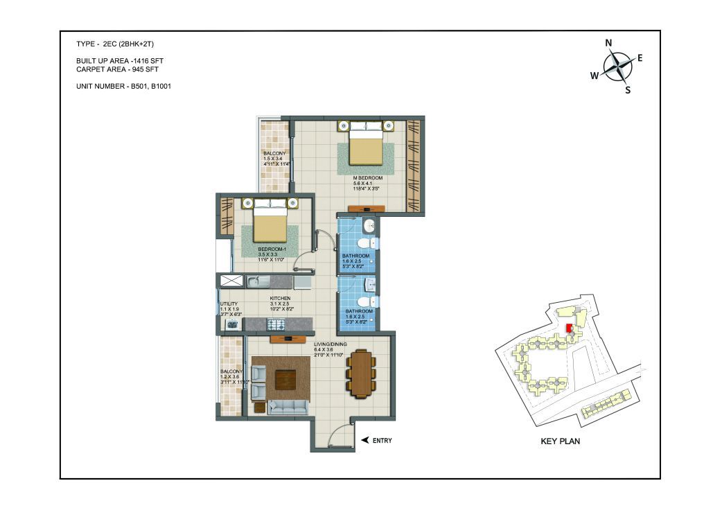 2 BHK Apartments Floor Plan (Unit No B501, B1001) - Casagrand ECR 14