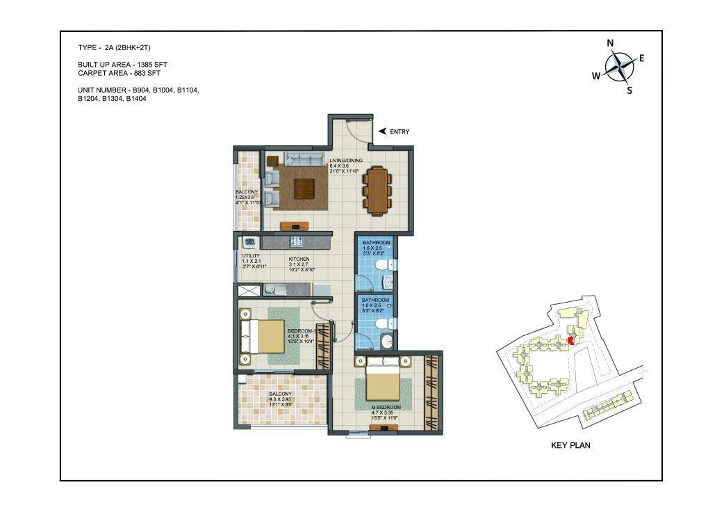 2 BHK Apartments Floor Plan (Unit No B904, B1004, B1104, B1204, B1304, B1404) - Casagrand ECR 14