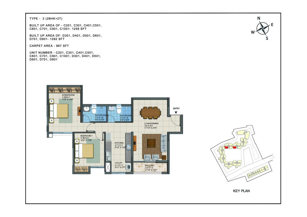 2 BHK Apartments Floor Plan (Unit No C201, C301, C401, C501, C601, C701, C801, C901, C1001, D301, D401, D501, D601, D701, D801) - Casagrand ECR 14
