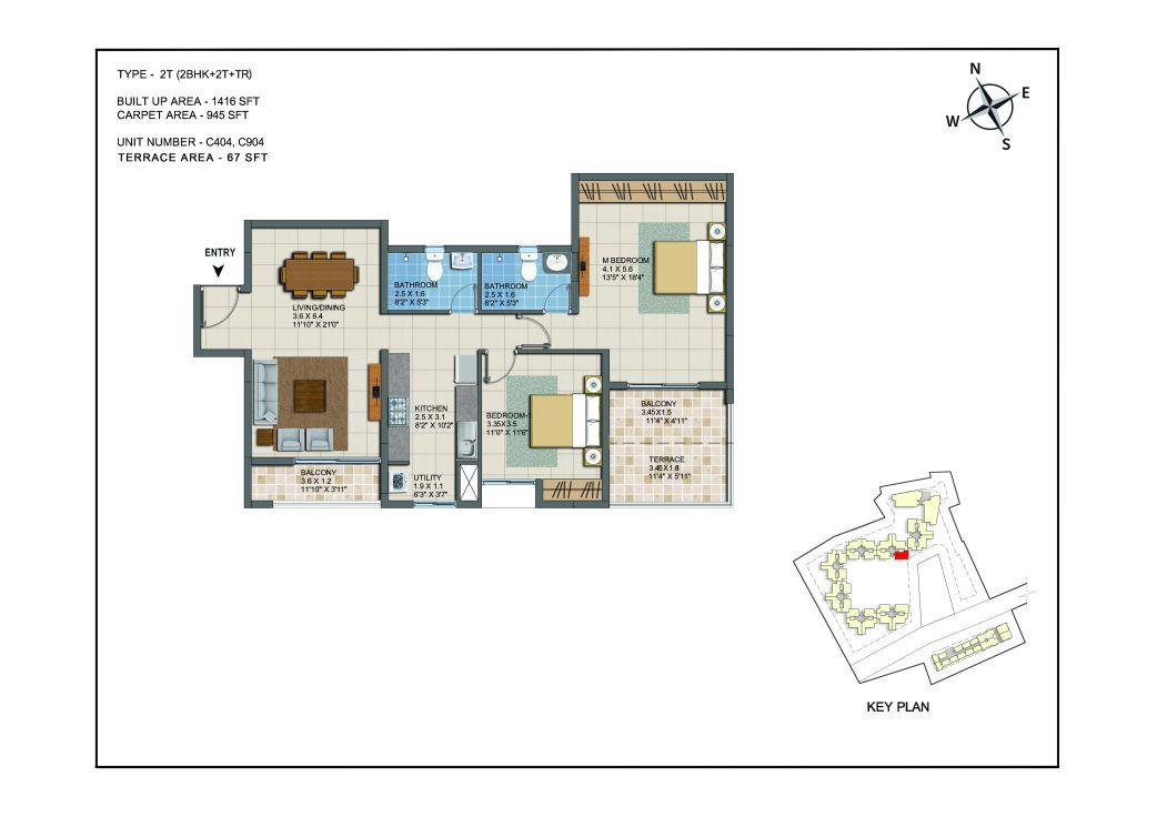 2 BHK Apartments Floor Plan (Unit No C404, C904) - Casagrand ECR 14