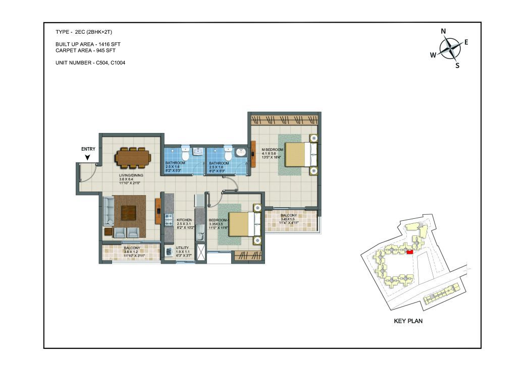 2 BHK Apartments Floor Plan (Unit No C504, C1004) - Casagrand ECR 14