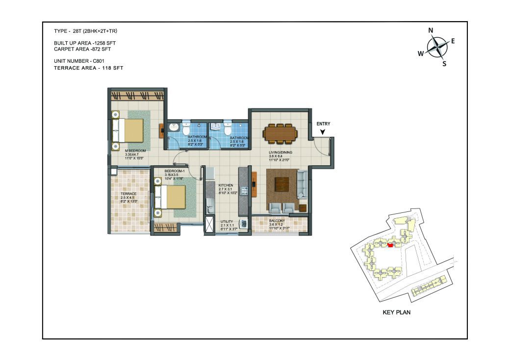 2 BHK Apartments Floor Plan (Unit No C801) - Casagrand ECR 14