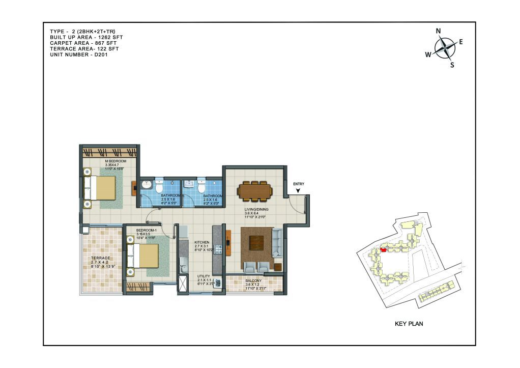 2 BHK Apartments Floor Plan (Unit No D201) - Casagrand ECR 14