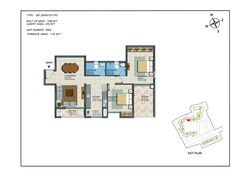 2 BHK Apartments Floor Plan (Unit No D804) - Casagrand ECR 14