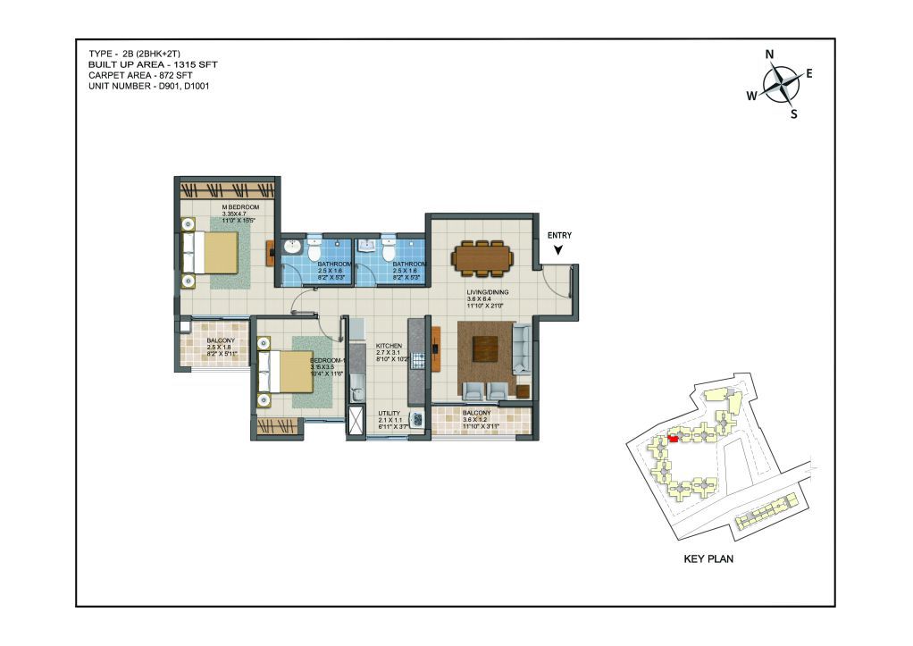2 BHK Apartments Floor Plan (Unit No D901, D1001) - Casagrand ECR 14