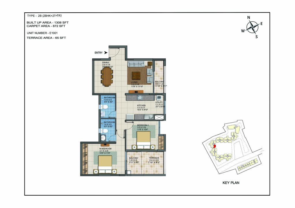 2 BHK Apartments Floor Plan (Unit No E1001) - Casagrand ECR 14