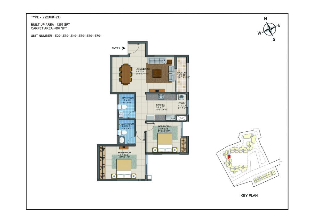2 BHK Apartments Floor Plan (Unit No E201, E301, E401, E501, E601, E701) - Casagrand ECR 14