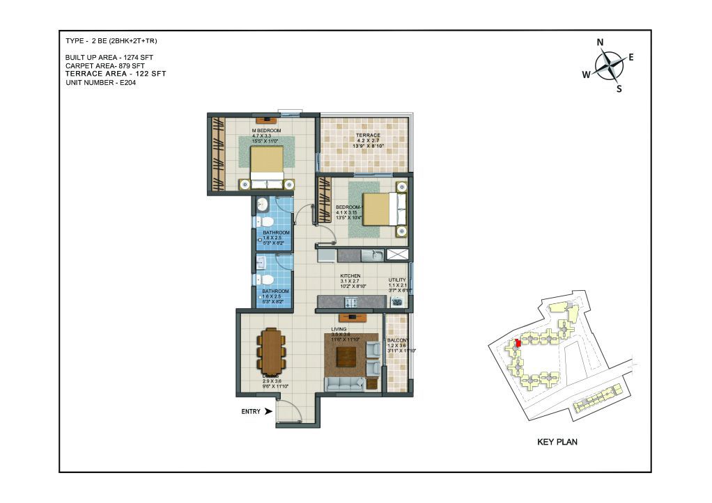 2 BHK Apartments Floor Plan (Unit No E204) - Casagrand ECR 14