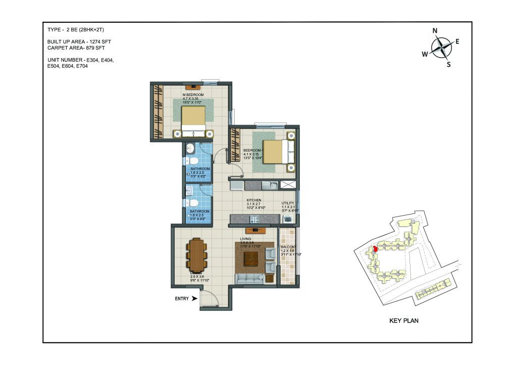 2 BHK Apartments Floor Plan (Unit No E304, E404, E504, E604, E704) - Casagrand ECR 14
