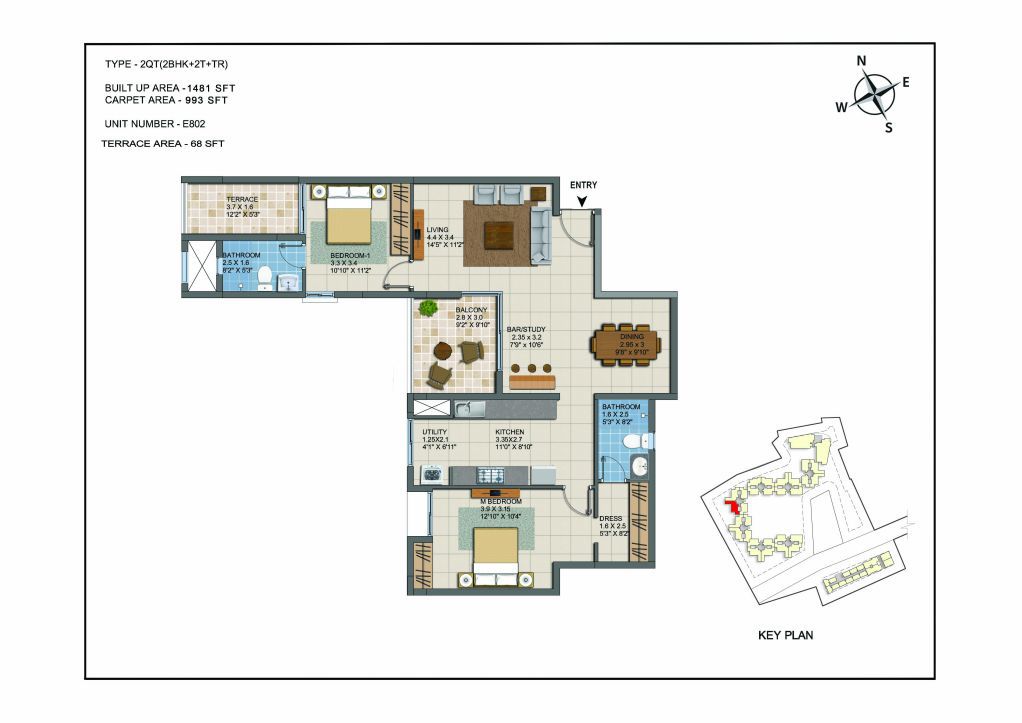 2 BHK Apartments Floor Plan (Unit No E802) - Casagrand ECR 14