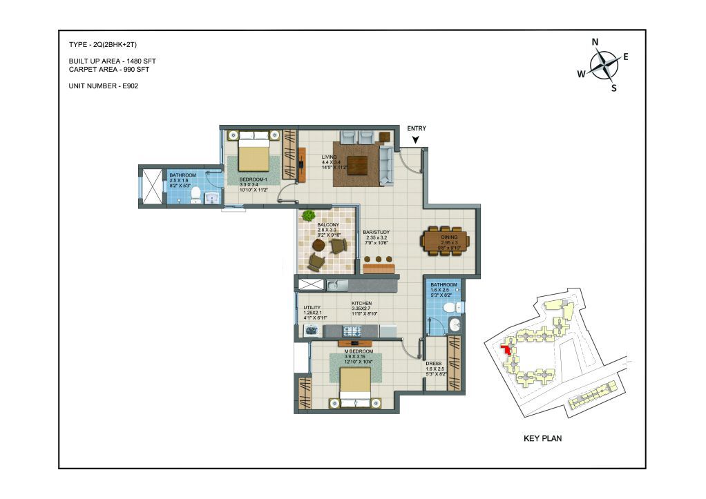 2 BHK Apartments Floor Plan (Unit No E902) - Casagrand ECR 14