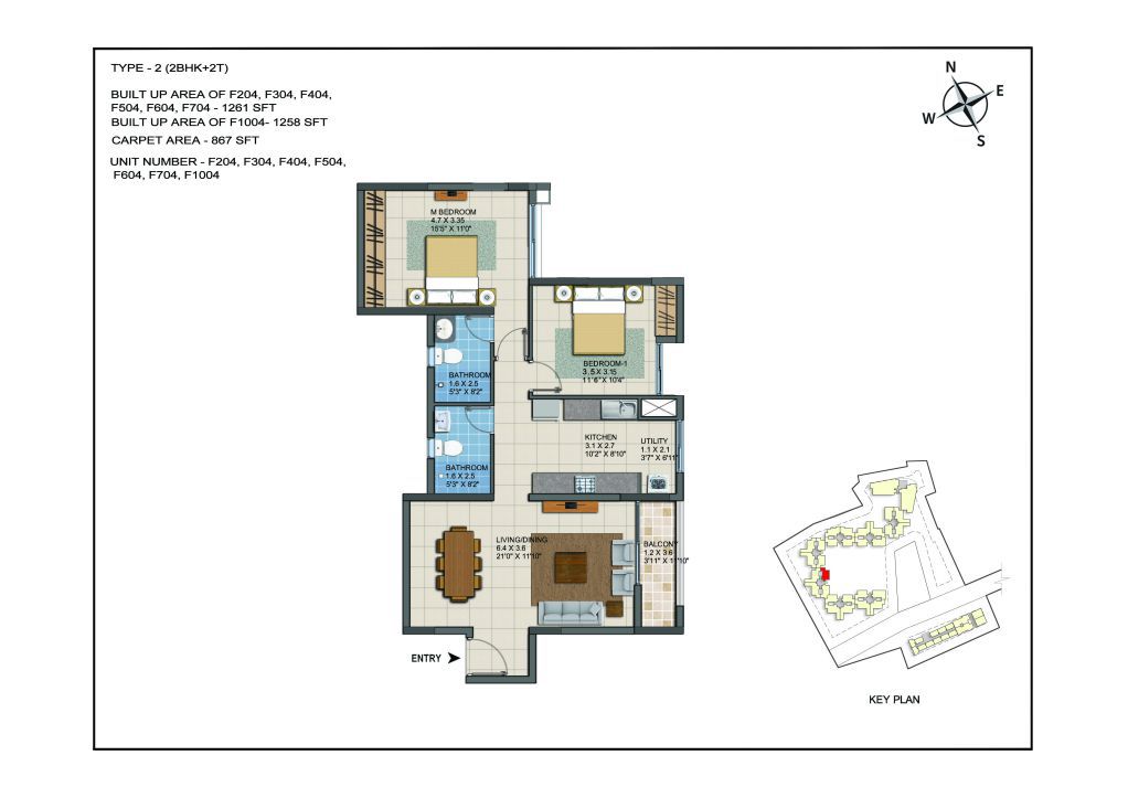 2 BHK Apartments Floor Plan (Unit No F204, F304, F404, F504, F604, F704, F1004) - Casagrand ECR 14