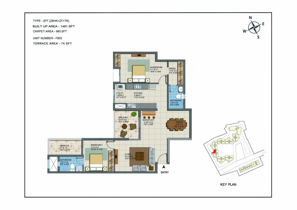 2 BHK Apartments Floor Plan (Unit No F803) - Casagrand ECR 14