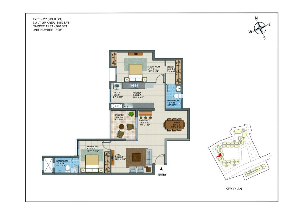 2 BHK Apartments Floor Plan (Unit No F903) - Casagrand ECR 14