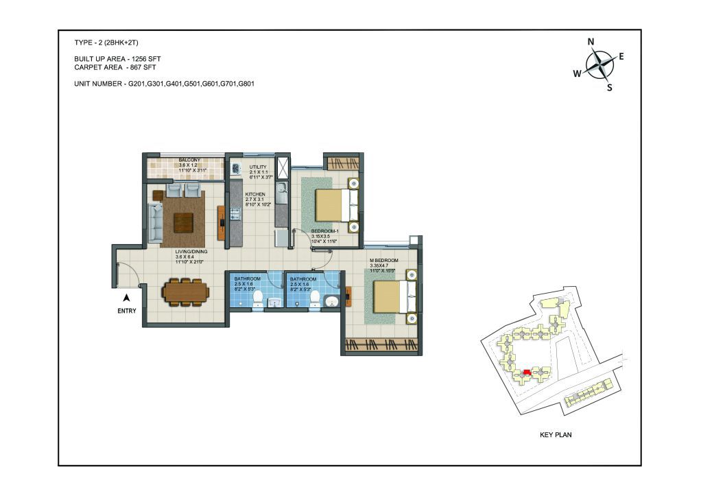 2 BHK Apartments Floor Plan (Unit No G201, G301, G401, G501, G601, G701, G801) - Casagrand ECR 14