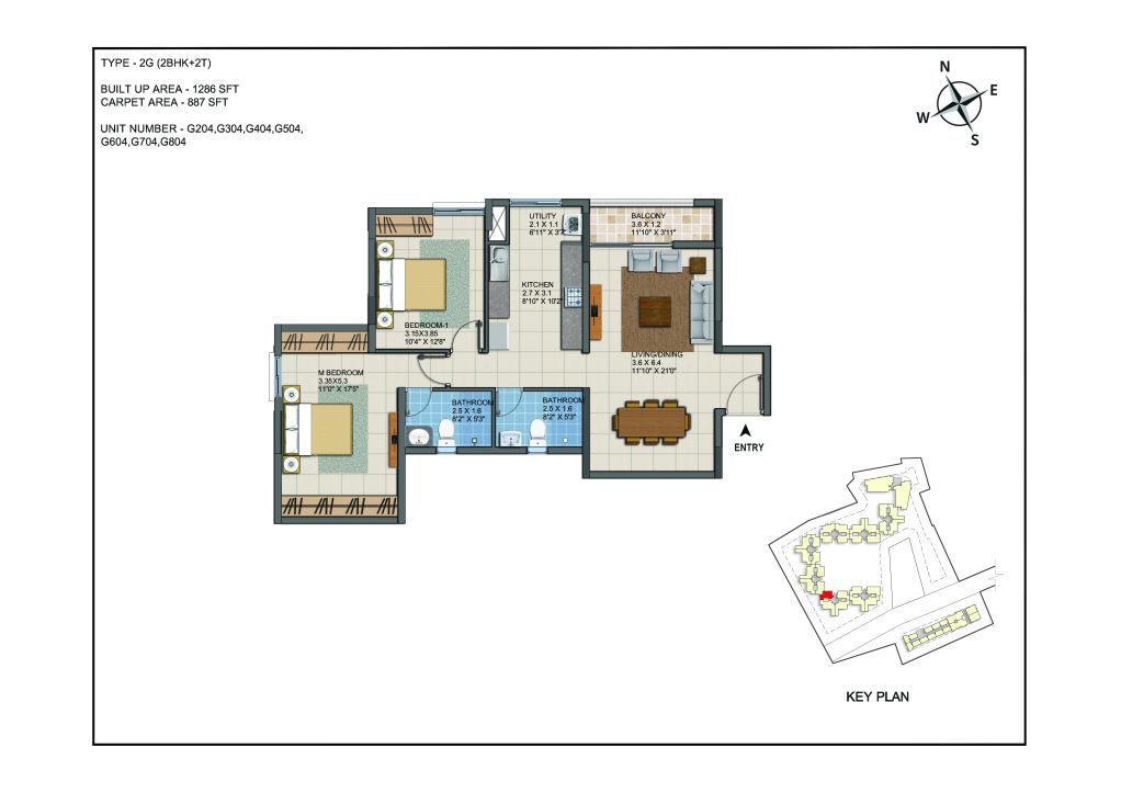 2 BHK Apartments Floor Plan (Unit No G204, G304, G404, G504, G604,G704, G804) - Casagrand ECR 14