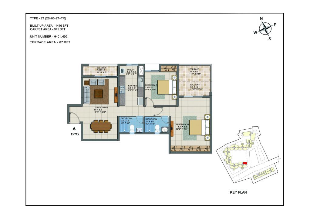 2 BHK Apartments Floor Plan (Unit No H401, H901) - Casagrand ECR 14