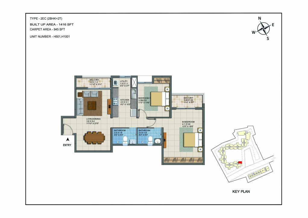 2 BHK Apartments Floor Plan (Unit No H501, H1001) - Casagrand ECR 14