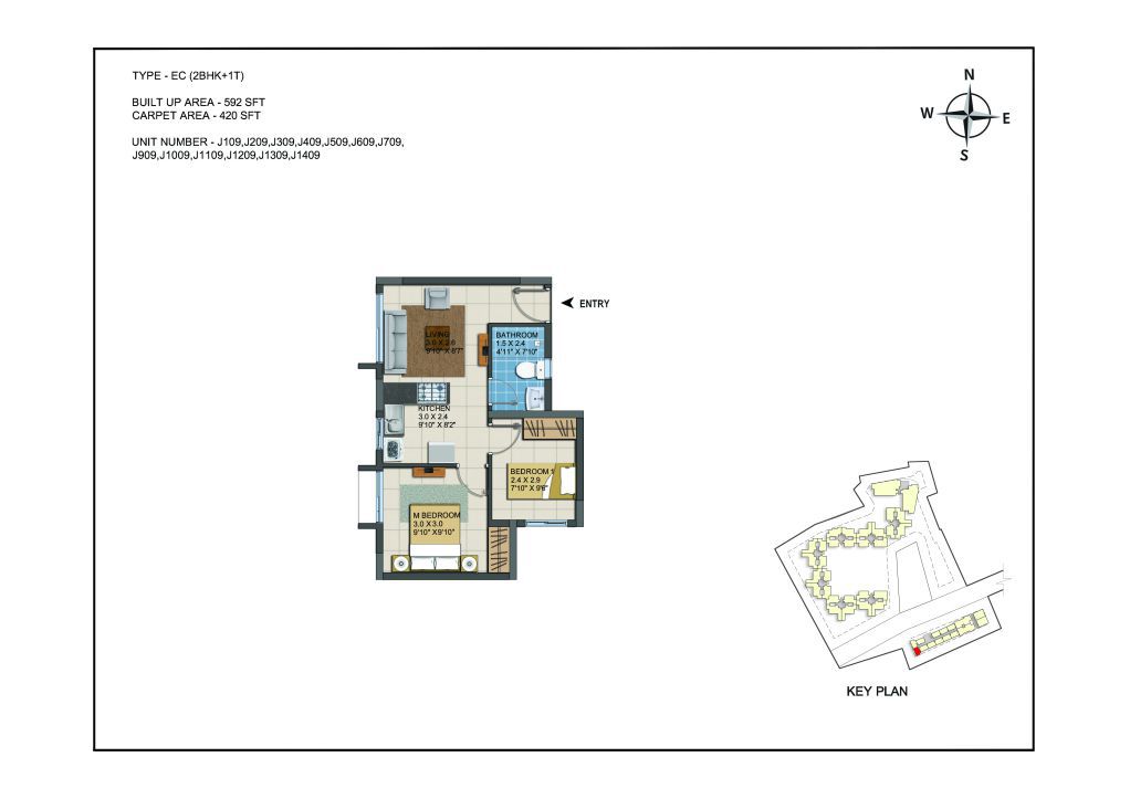 2 BHK Apartments Floor Plan (Unit No J109, J209, J309, J409, J509, J609, J709, J909, J1009, J1109, J1209, J1309, J1409) - Casagrand ECR 14