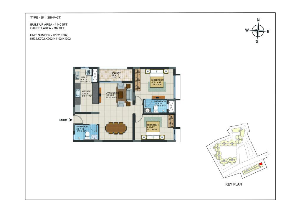 2 BHK Apartments Floor Plan (Unit No K102, K302, K502, K702, K902, K1102, K1302) - Casagrand ECR 14