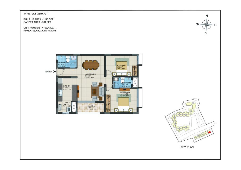 2 BHK Apartments Floor Plan (Unit No K103, K303, K503, K703, K903, K1103, K1303) - Casagrand ECR 14
