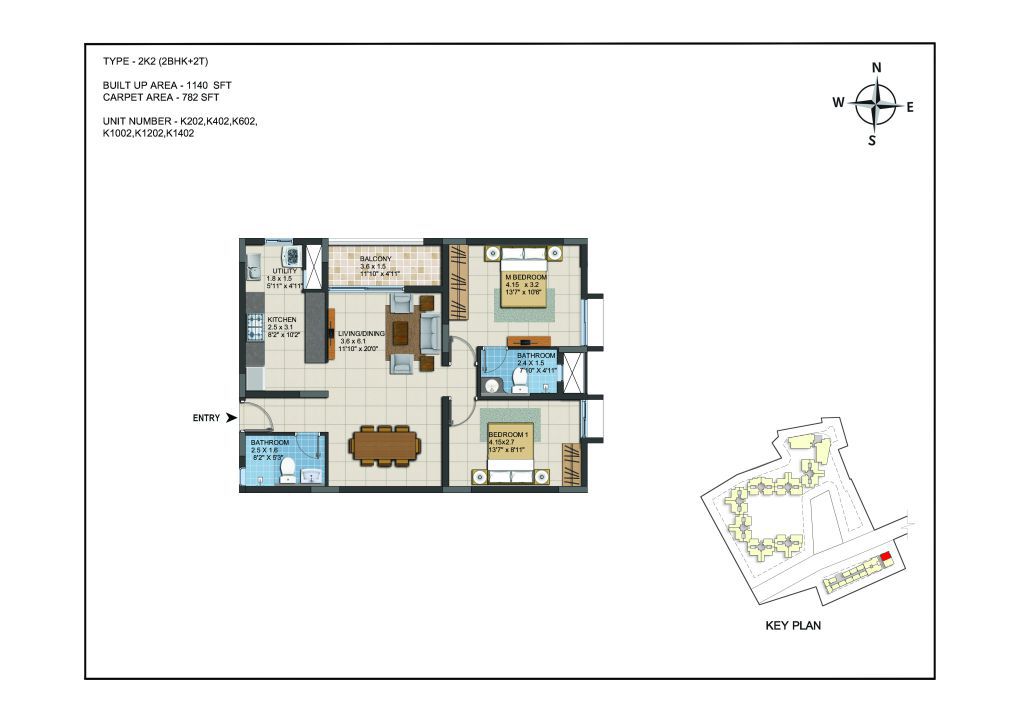 2 BHK Apartments Floor Plan (Unit No K202, K402, K602, K1002, K1202, K1402) - Casagrand ECR 14