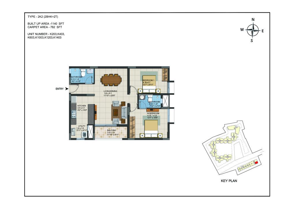 2 BHK Apartments Floor Plan (Unit No K203, K403, K603, K1003, K1203, K1403) - Casagrand ECR 14