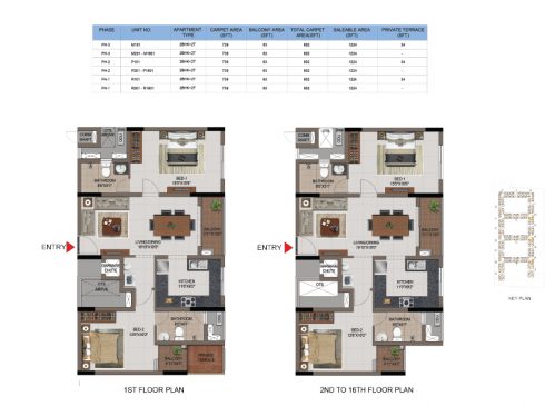 2 BHK Apartments Floor Plan (Unit No M101, M102 - M1602, P101, P102-P1602, R101,R102 -R1602) - Casagrand First City