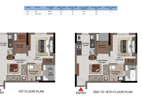 1 BHK Apartments Floor Plan (Unit No K101, K201- K1601) - Casagrand First City