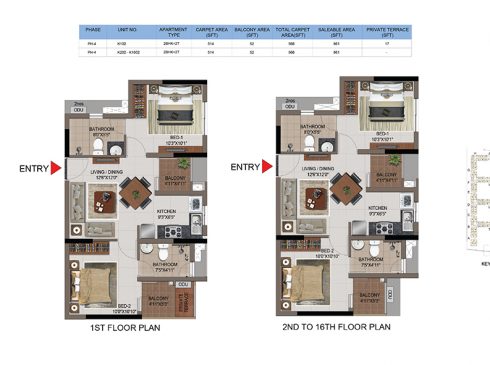 2 BHK Apartments Floor Plan (Unit No K102, K202- K1602) - Casagrand First City
