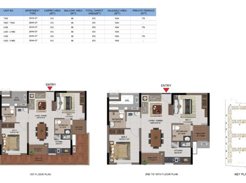 2 BHK Apartments Floor Plan (Unit No T102, T202-T1602, U102, U202-T1602, V102, V202-V1602) - Casagrand First City