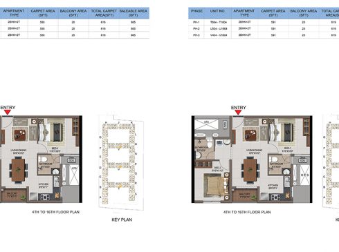 2 BHK Apartments Floor Plan (Unit No T603-T1603, U603-U1603, V603-V1603, T604-T1604, U604-U1604, V604-V1604) - Casagrand First City