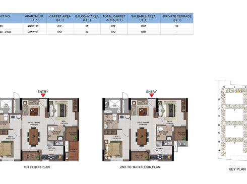 2 BHK Apartments Floor Plan (Unit No J103, J203-J1603) - Casagrand First City