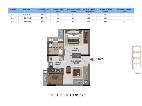 1 BHK Apartments Floor Plan (Unit No M102 - M1602, P102-P1602, R102-R1602)