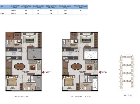 2 BHK Apartments Floor Plan (Unit No H104, H204-H1604) - Casagrand First City