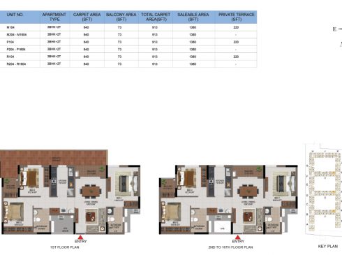 3 BHK Apartments Floor Plan (Unit No M104, M204-M1604, P104, P204-P1604, R104, R204-R1604) - Casagrand First City
