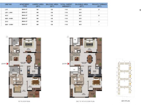 3 BHK Apartments Floor Plan (Unit No L101, L201-L1601, N101, N201-N1601, Q101, Q201-Q1601) - Casagrand First City