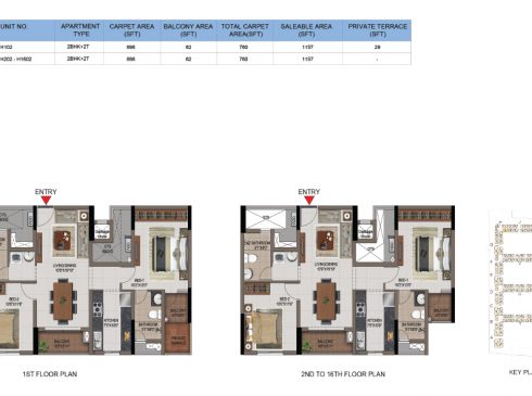 2 BHK Apartments Floor Plan (Unit No H102, H202-H1602) - Casagrand First City