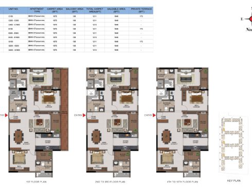 3 BHK Apartments Floor Plan (Unit No C103, C203-C303, C403-C1603, E103, E203-E303, E403-E1603, G103, G203-G303, G403-G1603) - Casagrand First City