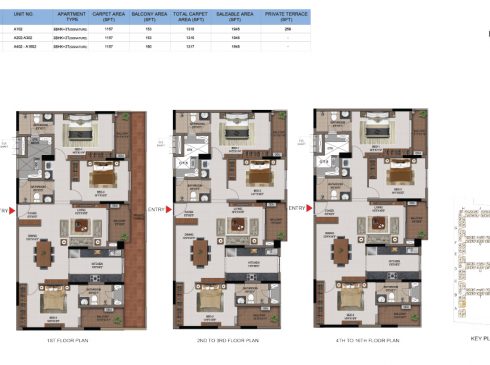 3 BHK Apartments Floor Plan (Unit No A102, A202-A302, A402-A1602) - Casagrand First City