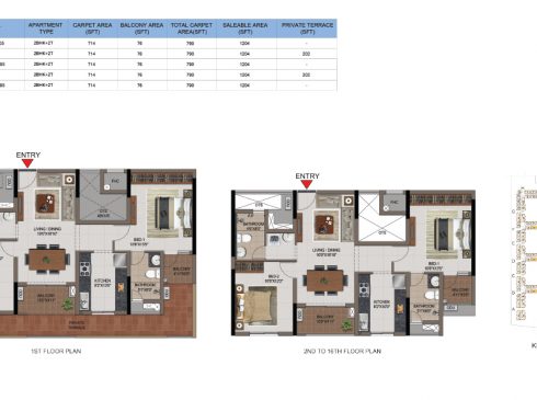 2 BHK Apartments Floor Plan (Unit No T205-T1605, U105, U205-U1605, V105, V205-V1605) - Casagrand First City