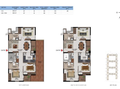 3 BHK Apartments Floor Plan (Unit No H103, H203-H1603) - Casagrand First City