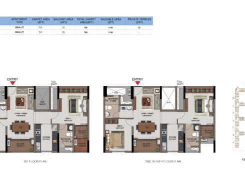 2 BHK Apartments Floor Plan (Unit No J106, J206-J1606) - Casagrand First City