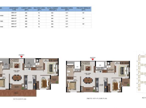 3 BHK Apartments Floor Plan (Unit No M103, M203-M1603, P103, P203-P1603, R103, R203-R1603) - Casagrand First City