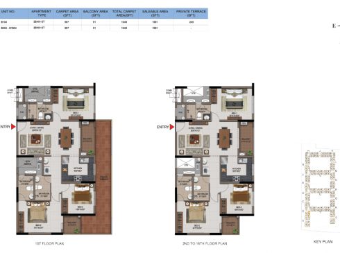 3 BHK Apartments Floor Plan (Unit No B104, B204-B1064) - Casagrand First City