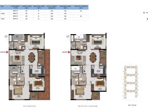3 BHK Apartments Floor Plan (Unit No D104, D204-D1604, F104, F204-F1604) - Casagrand First City