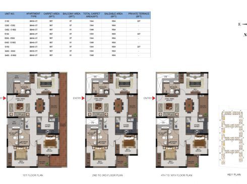 3 BHK Apartments Floor Plan (Unit No C102, C202-C302, C402-C1602, E102, E202-E302, E402-E1602, G102, G202-G302, G402-G1602) - Casagrand First City