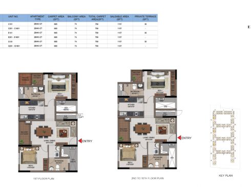 2 BHK Apartments Floor Plan (Unit No C101, C201-C1601, E101, E201-E1601, G101, G201-G1601) - Casagrand First City